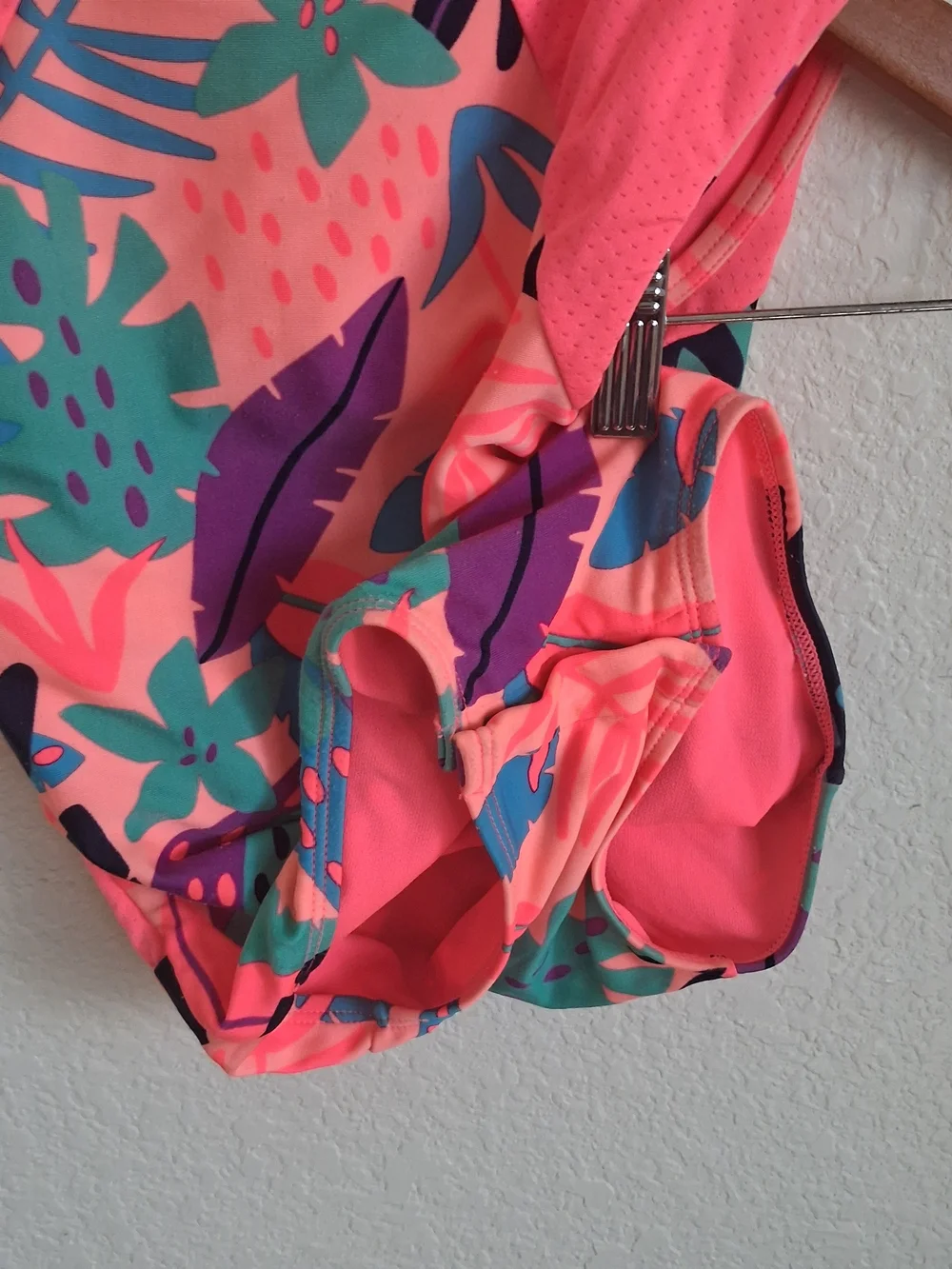 Kids Neon Coral Tropical Zip-Front One-Piece Swimsuit